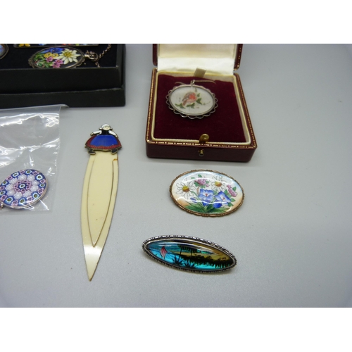 874 - Silver and other jewellery including a millefiori pendant, a cross pendant, enamel jewellery, etc., ... 