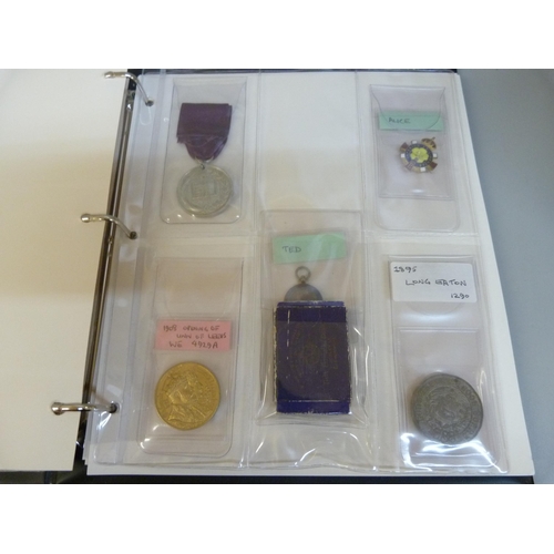 880 - A folder of medallions and badges including Leicester Royal Infirmary 1926 Training School, school m... 