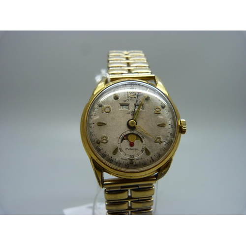 886 - A gentleman's Rotary calendar day/date moon wristwatch, the case back bears inscription dated 1953