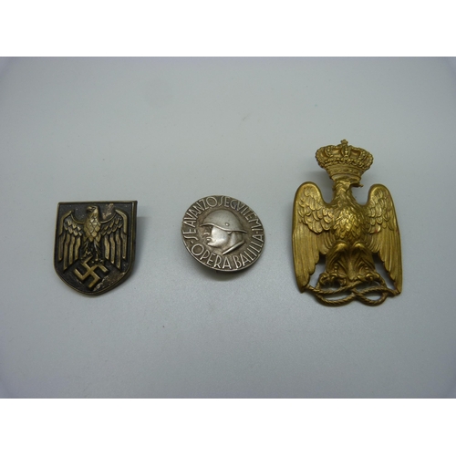 903 - An Italian Fascist Youth Opera Balika badge, eagle and crown badge (possibly Austrian) and a German ... 