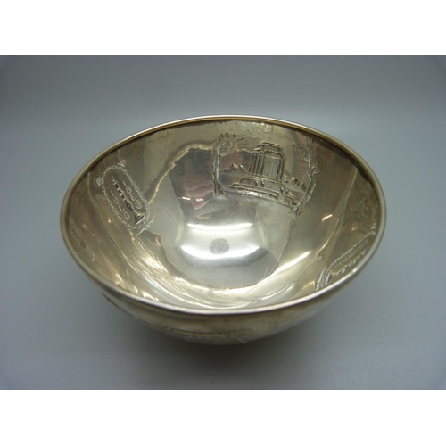 905 - A Voortrekker Centenary white metal bowl, 1838-1938, stamped .835, 151.1g, diameter 116mm