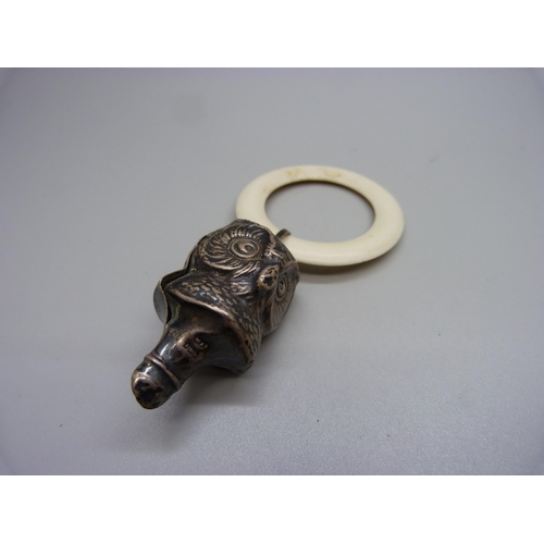 906 - A baby's hallmarked silver owl rattle, a/f