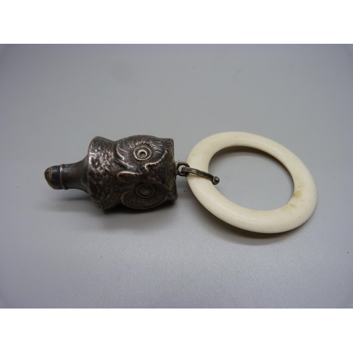 906 - A baby's hallmarked silver owl rattle, a/f