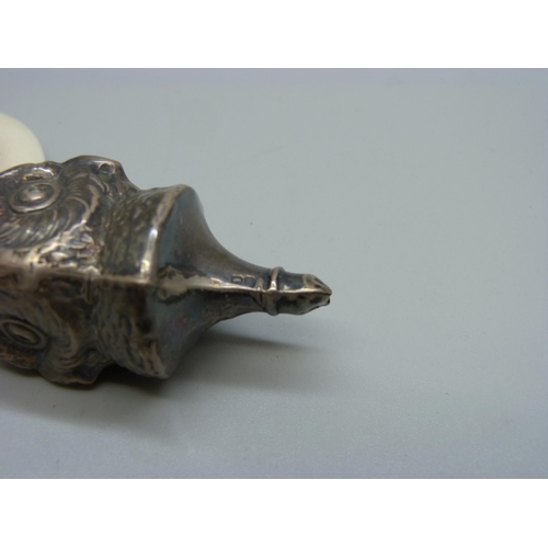 906 - A baby's hallmarked silver owl rattle, a/f