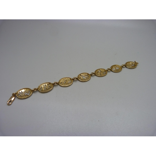 913 - A 9ct gold seven panel bracelet depicting ostrich, deer, giraffe, tribesmen, etc., 15.5cm