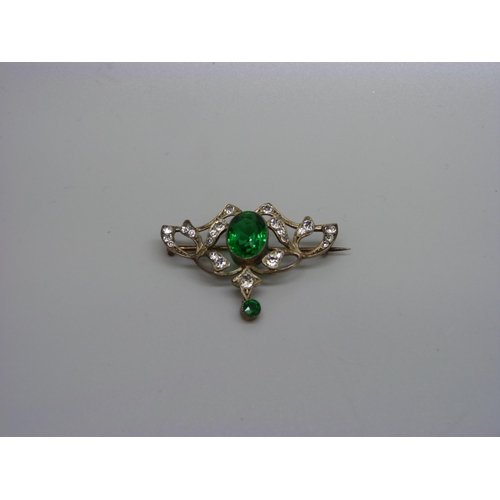 924 - A 925 silver gilt Art Nouveau green stone and paste brooch, 39mm wide