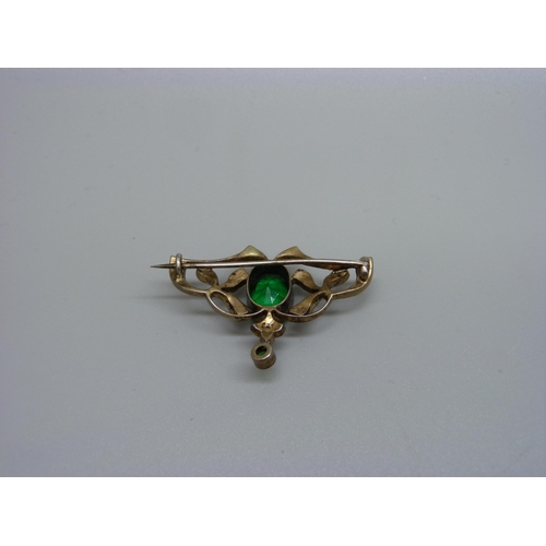 924 - A 925 silver gilt Art Nouveau green stone and paste brooch, 39mm wide