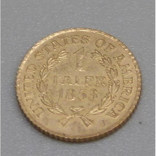 929 - An 1853 USA 1 Taler gold coin, 1.5g