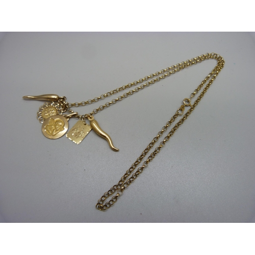 936 - A 9ct gold necklace with four 9ct gold pendants and one 14ct gold pendant marked 585, 11.6g