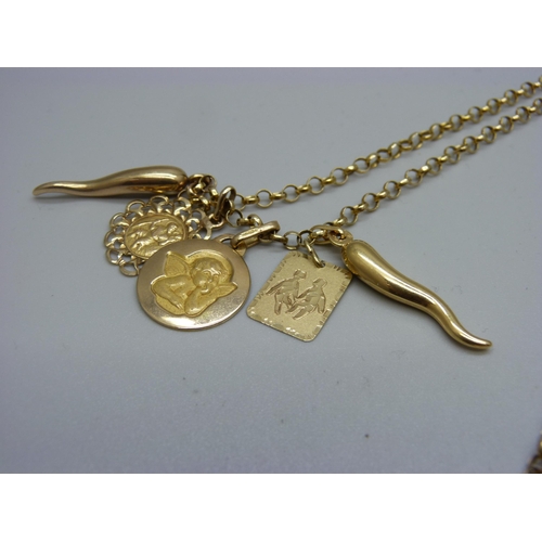 936 - A 9ct gold necklace with four 9ct gold pendants and one 14ct gold pendant marked 585, 11.6g