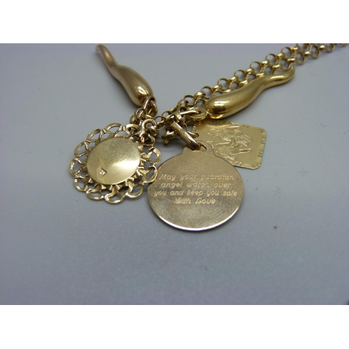 936 - A 9ct gold necklace with four 9ct gold pendants and one 14ct gold pendant marked 585, 11.6g