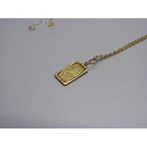 944 - A 999.9 pure gold pendant, 1g, 'Aries', four fine 9ct gold chains, 3.5g, and a plated chain