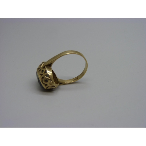 951 - A yellow metal and green stone ring marked 333, 5.1g, R, a pair of 14ct gold earrings and one other ... 