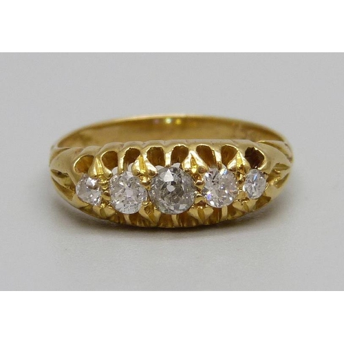 963 - An 18ct gold, five stone diamond ring, 3g, K