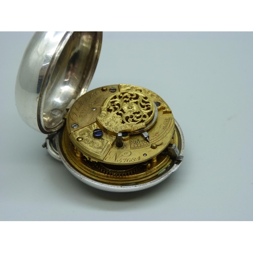 965 - A silver pair cased verge fusee pocket watch, both cases marked London 1871, dial a/f, hinge of oute... 