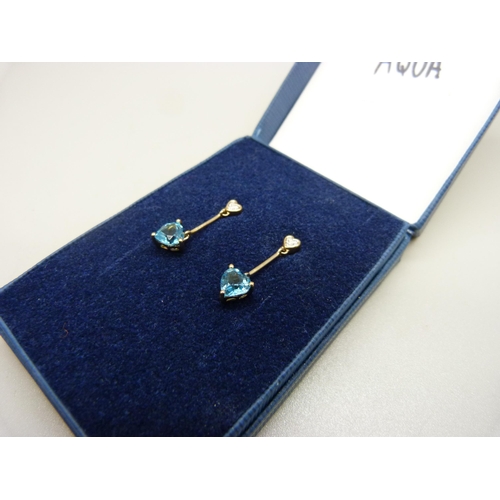 977 - A pair of 9ct gold, blue stone and diamond drop earrings