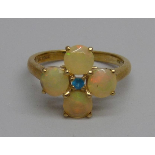 982 - A 9ct gold, Ethiopian opal and neon apatite ring, 2.4g, L, with certificate