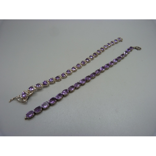 998 - Two silver and amethyst bracelets, 41g