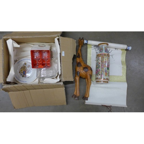 1033 - An oriental vase, a wall hanging, a carved wooden giraffe, Royal Wedding commemorative glasses and p... 