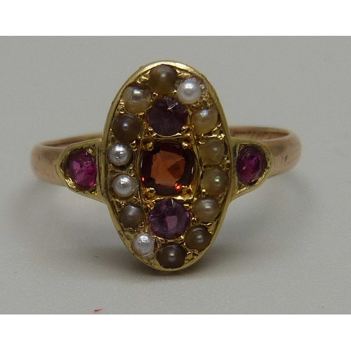 989 - A late Victorian multi-gem and split pearl ring, 2.3g, L, the inner shank bears inscription, some st... 