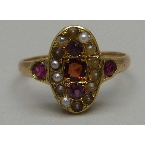 989 - A late Victorian multi-gem and split pearl ring, 2.3g, L, the inner shank bears inscription, some st... 