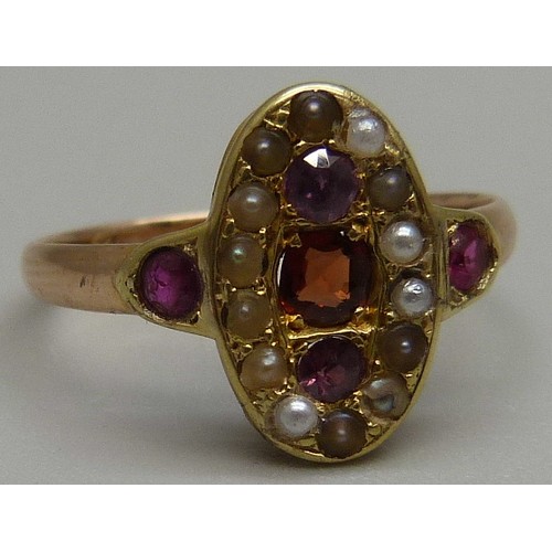 989 - A late Victorian multi-gem and split pearl ring, 2.3g, L, the inner shank bears inscription, some st... 