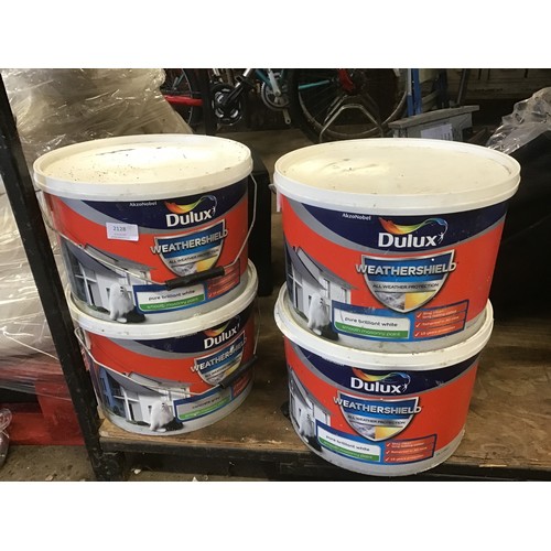 2128 - Four 10ltr tubs of Dulux Weathershield exterior paint; one grey, three white