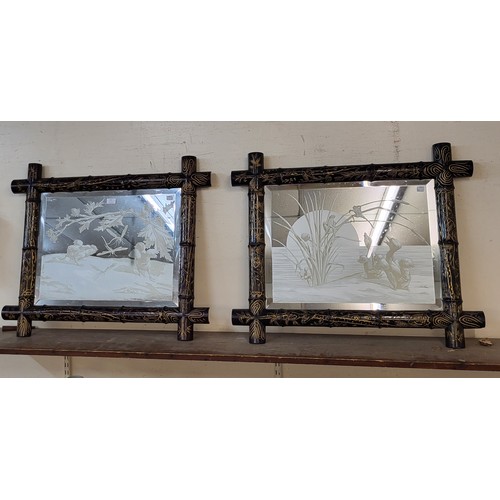 357 - A pair of Aesthetic Movement etched glass mirrors, in Japanese style faux bamboo frames, 71 x 86cms