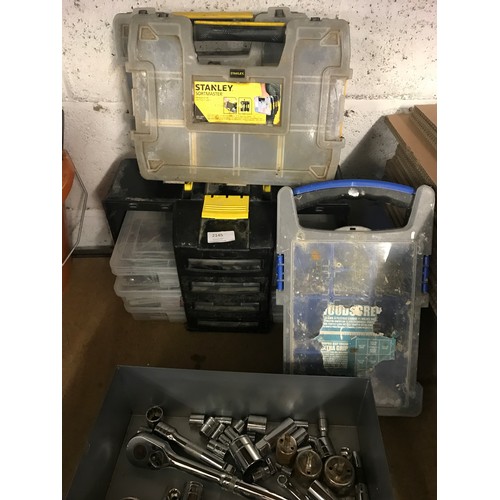 2145 - Sockets and 1/2” socket wrench, hole saws, Stanley and Goodscrew organiser trays and sorter-carrier ... 