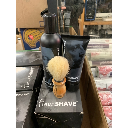 2052 - 13 boxed Flavashave shaving kits; shaving gel, shave enhancer and brush