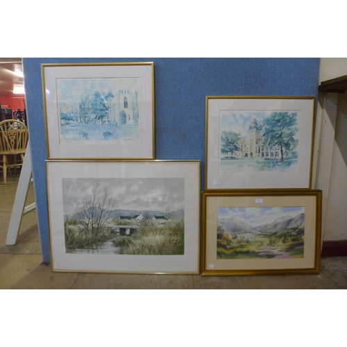 281 - A signed Jeremy King limited edition print, Loch scene, a watercolour and two others