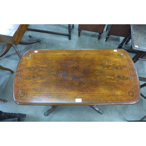 118 - A Victorian figured walnut and Tunbridgeware inlaid fold over games table, on associated base