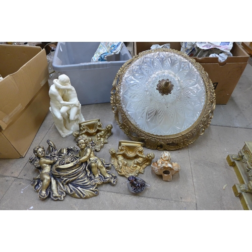 237 - Assorted gilt cherub wall plaques and a gilt and glass ceiling light