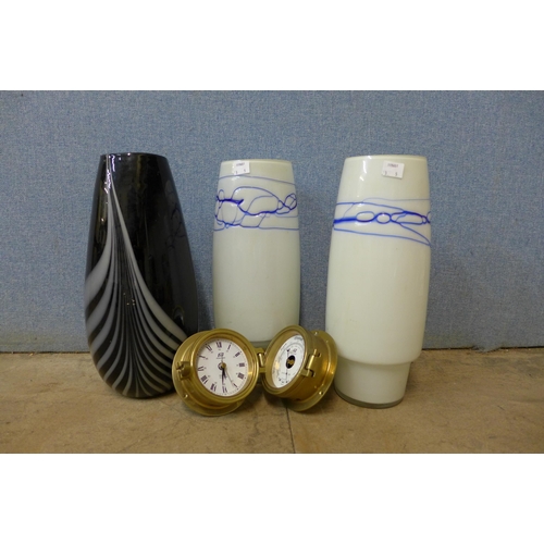 244 - A pair of glass vases, another vase, barometer and a clock