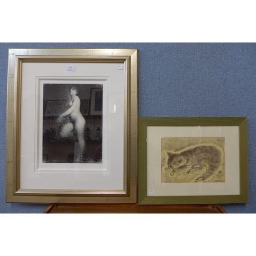 266 - Georges Seurat, Femme Nue, limited edition signed print, numbered 40/95 and a Foujita print of a sle... 