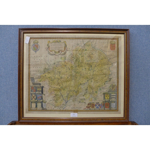 271 - A 17th Century map of Warwickshire, framed