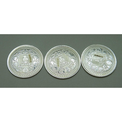 1025 - Three collectors coins, each 10 gms of pure silver