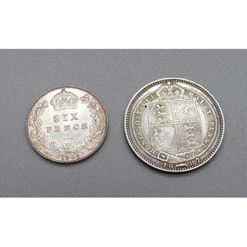 1028 - An 1887 shilling and a 1902 sixpence