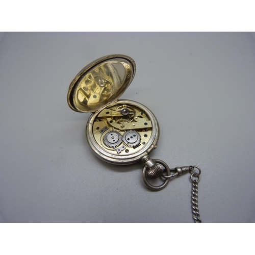 1048 - A white metal full hunter pocket watch, with inscription dated 1889, (tests as silver), on a chain