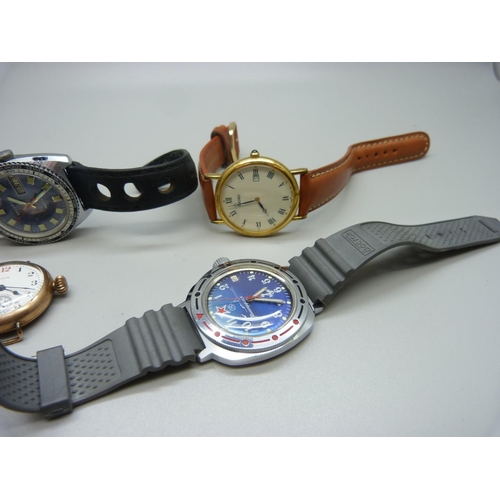 1117 - Five watches, Seiko, Russian, Neuvex with World Time bezel, Elgin and a fob watch