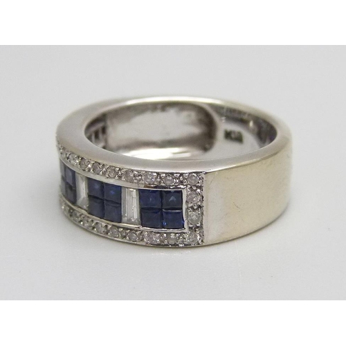 1136 - An 18ct white gold, sapphire and diamond ring, marked K18, 7.9g, N