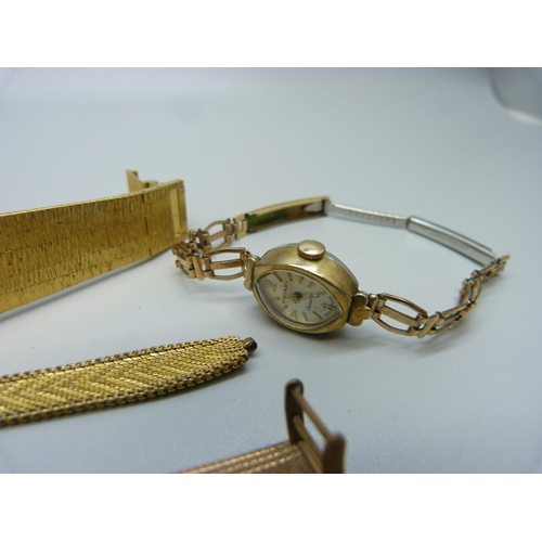 1168 - A lady's 9ct gold Turnex wristwatch, 23.4g with movement, and three others watches