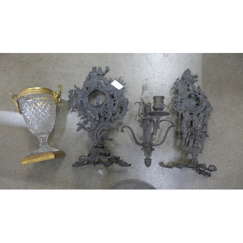 1176 - Two metal portrait frames, a sconce, and a glass and brass two handled cup **PLEASE NOTE THIS LOT IS... 