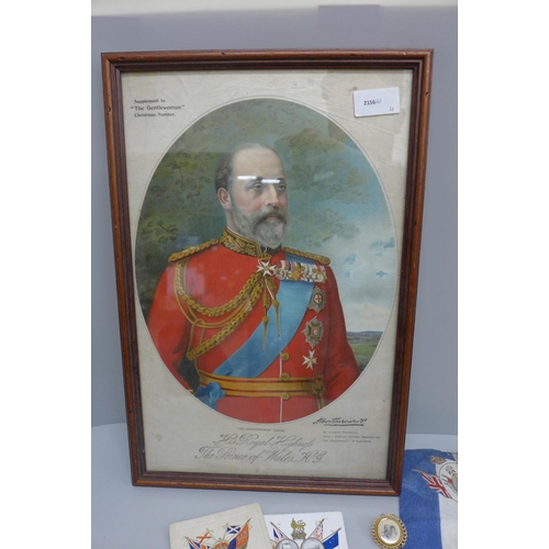 603 - A framed Prince of Wales silk, a 1902 Coronation handkerchief, two postcards and a brooch