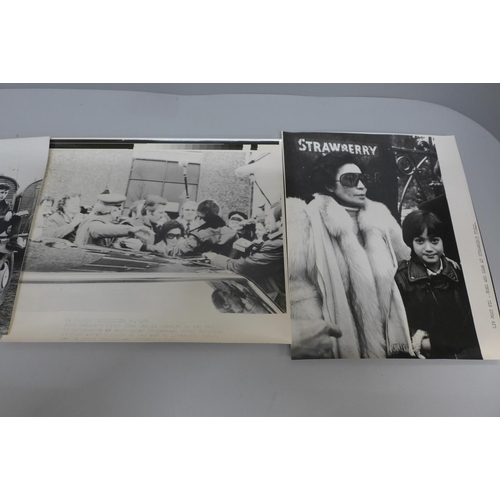 605 - The Beatles related press photos of Yoko Ono x2 and a press photo of George Harrison, John Lennon  a... 