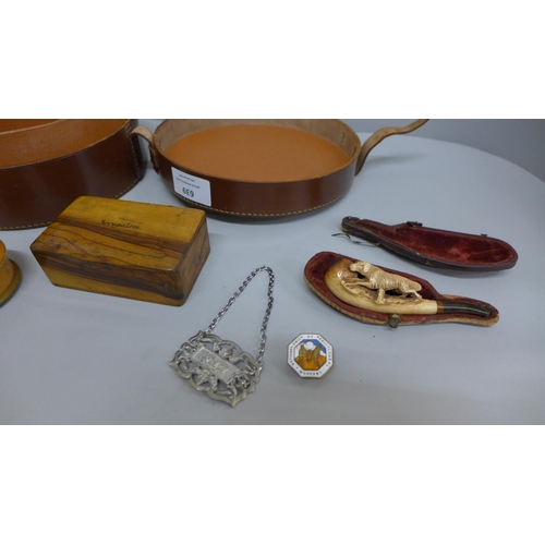 639 - A collar box and contents including dominoes, match holder/striker, treen items etc.