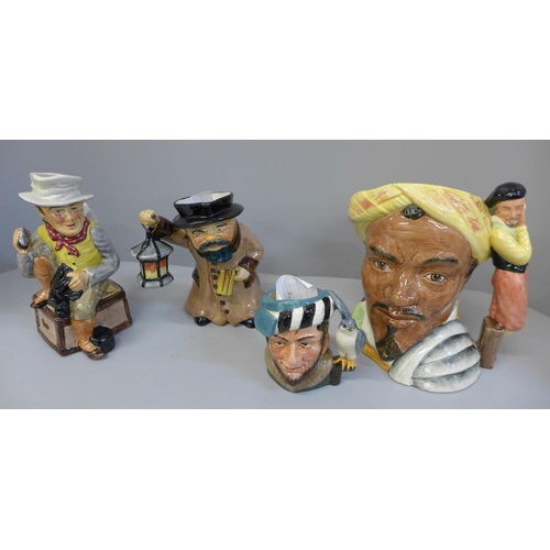 674 - A collection of four character jugs; Roy Kirkham Night Watchman, Royal Doulton Othello, Royal Doulto... 