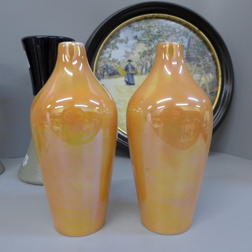 680 - A pair of Lovatts Langley vases, one a/f, a pair of Fieldings lustre vases, one a/f, a Nao figure, a... 