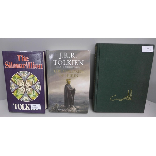 703 - Three J.R.R Tolkien hardback books; The Silmarillion 1977 first edition, The Children of Hurin, 2007... 