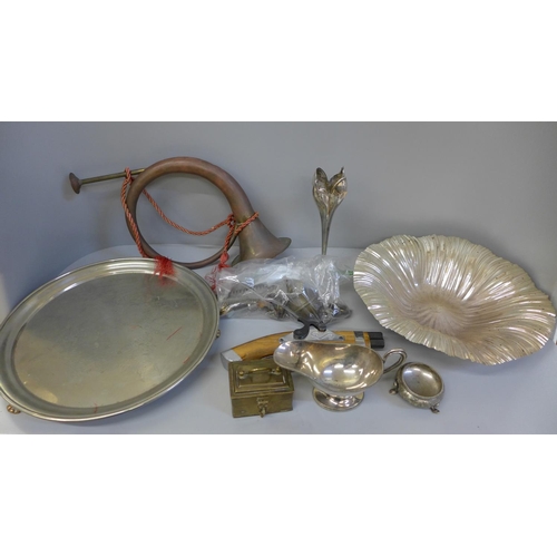 740 - A WMF plated tray, metalwares, a military bugle, etc.